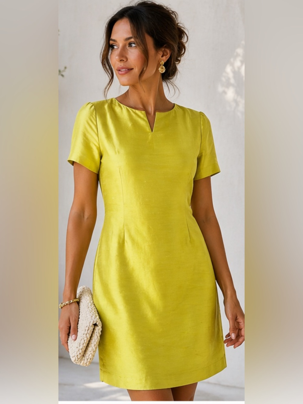 Vintage Dana Buchman 100% Silk Citron Shift Dress Button Back Size 8